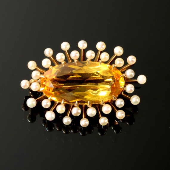 14K Citrine Brooch Pin Atomic Design Yellow Gold w