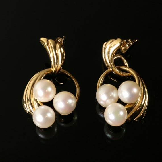 14K Pearl Earrings Yellow Gold Three Pearl Drop D… - image 9
