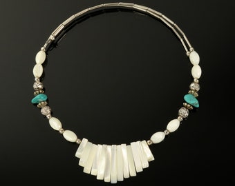 Southwestern MOP Choker Mother of Pearl Fringe Silver Bead Blue Turquoise Memory Wire Necklace