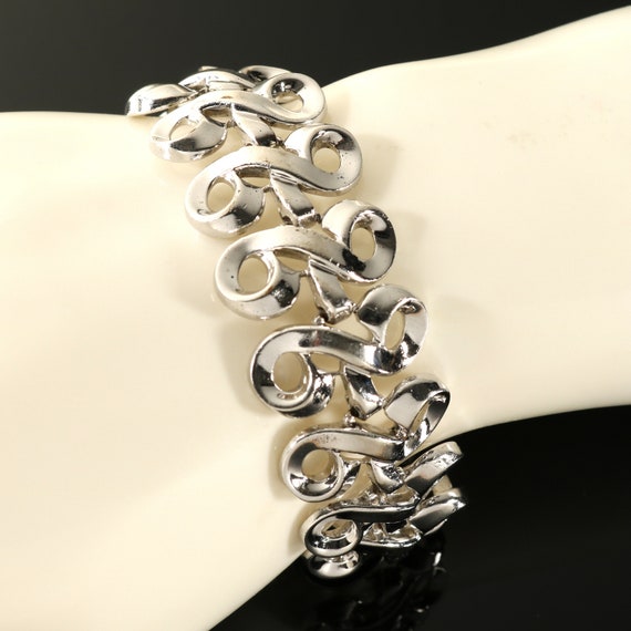 Crown Trifari Bracelet Wide Silver Tone Curlicue … - image 3