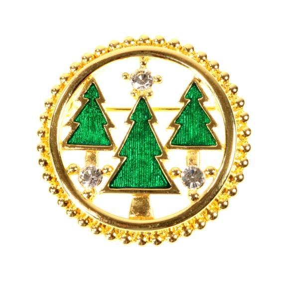 Monet Christmas Brooch Mod Three Tree Green Ename… - image 1