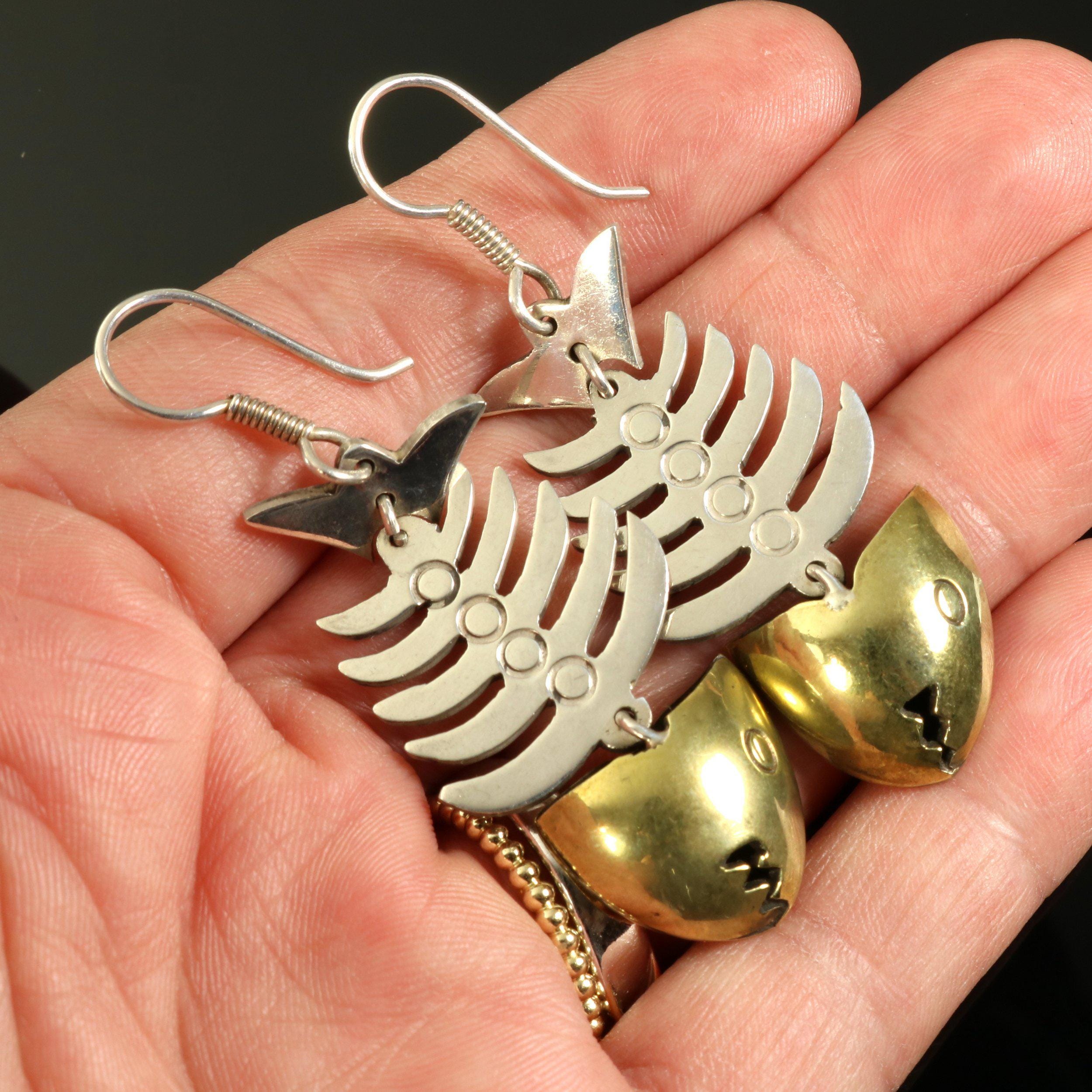 Sterling Silver 925 order and Brass Taxco Mexican Fish Skeleton Dangle Earrings