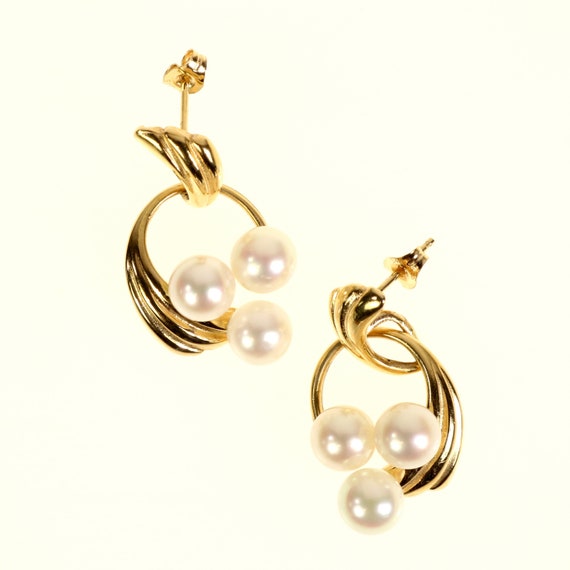 14K Pearl Earrings Yellow Gold Three Pearl Drop D… - image 3