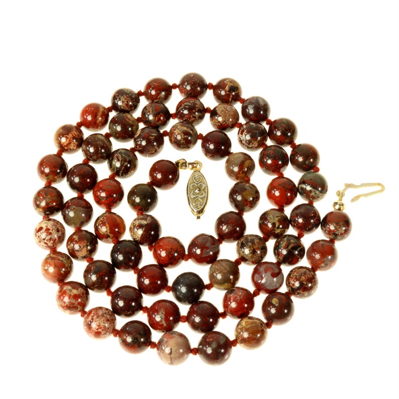 Brecciated Jasper Necklace 26-Inch Knotted Smooth Round 8 mm Natural Semi-Precious Gemstone Red Gray Rust Beads
