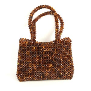 Plastic Beaded Purse Evening Bag Brown Gold Faceted Beads Woven Retro Handbag