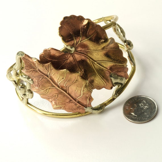 Wide Cuff Bracelet Lily Pad Leaves Hand Forged Tr… - image 5