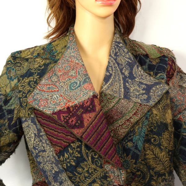 J Jill Patchwork Blazer Quilted Tapestry Wool Jacket Paisley Floral Stripes Mottled Blue Tan Burgundy