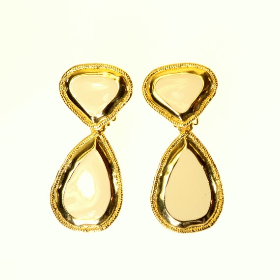 Beige Enamel Earrings Clip Style Molten Gold Tone… - image 3