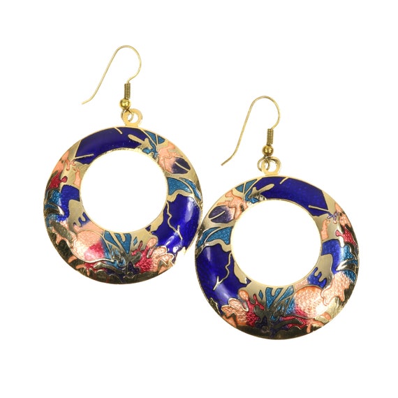 Cloisonné Dangle Hoops Enamel Earrings Pierced Ea… - image 1