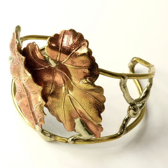 Wide Cuff Bracelet Lily Pad Leaves Hand Forged Tr… - image 6