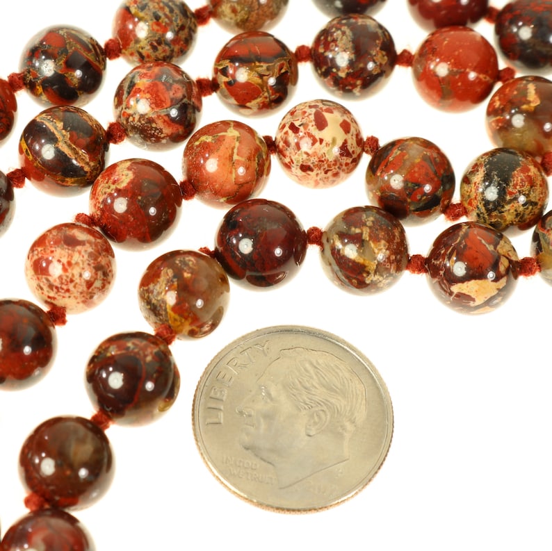 Brecciated Jasper Necklace 26-Inch Knotted Smooth Round 8 mm Natural Semi-Precious Gemstone Red Gray Rust Beads