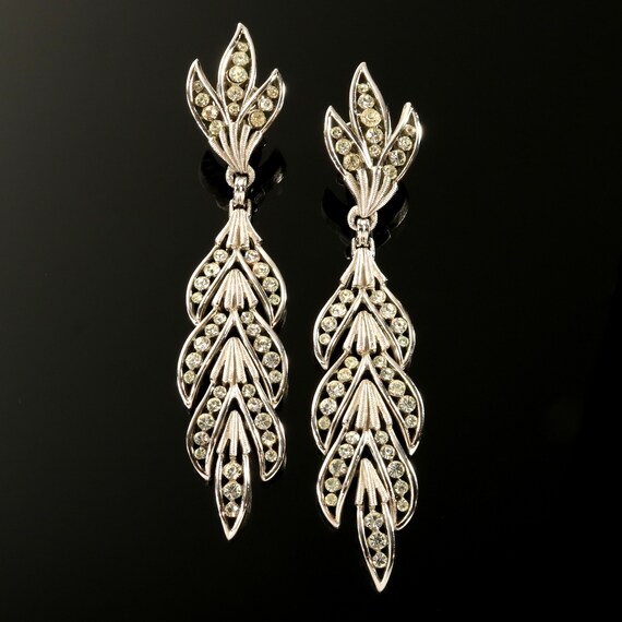 Crown Trifari Earrings Long Leaf Drop Rhinestone … - image 3