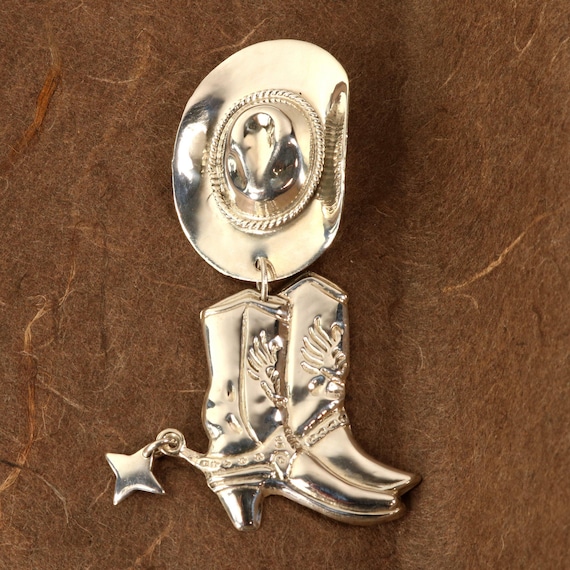 Vintage Sterling Silver Cowboy Hat Boots Brooch: Dangle Spur Charm - Main Image