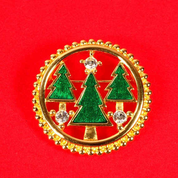 Monet Christmas Brooch Mod Three Tree Green Ename… - image 3