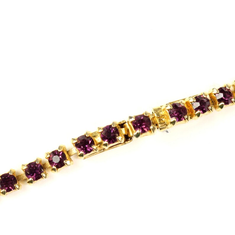 Vintage 1960s Bib Necklace Dusty Purple Rhinestone Art Deco Style Crystal Baguette Chaton Chain Gold Plated