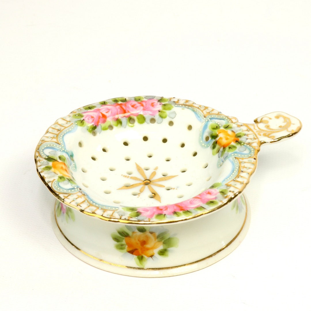 Nippon Tea Strainer and Drip Bowl Hand Painted Floral Porcelain Set ...