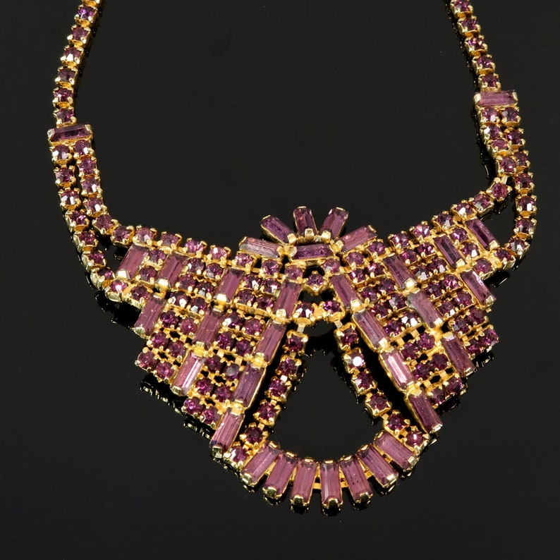 Vintage 1960s Bib Necklace Dusty Purple Rhinestone Art Deco Style Crystal Baguette Chaton Chain Gold Plated