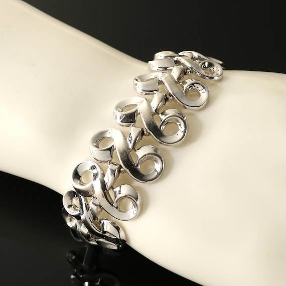 Crown Trifari Bracelet Wide Silver Tone Curlicue … - image 1