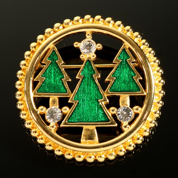 Monet Christmas Brooch Mod Three Tree Green Ename… - image 9