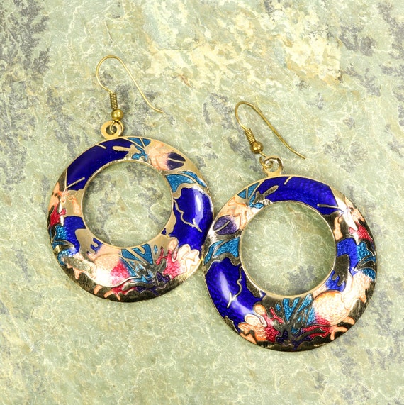 Cloisonné Dangle Hoops Enamel Earrings Pierced Ea… - image 10