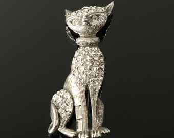 Rhinestone Cat Brooch Sleek Sitting Kitty Pin Egyptian Revival Silver Pewter Tone