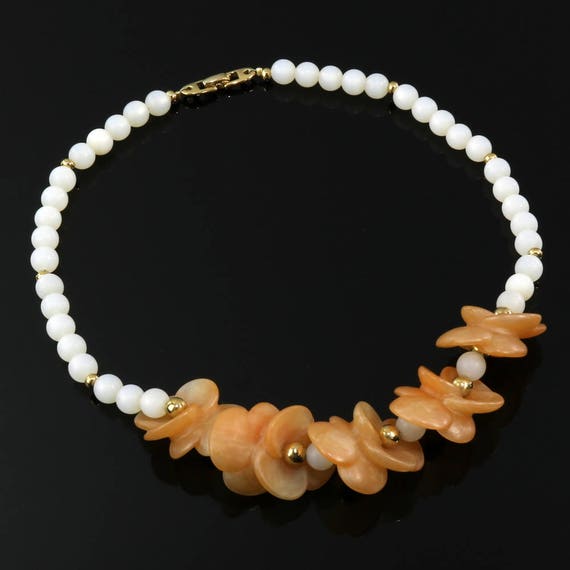 Napier Necklace Peach Resin Flower White Moonglow… - image 1
