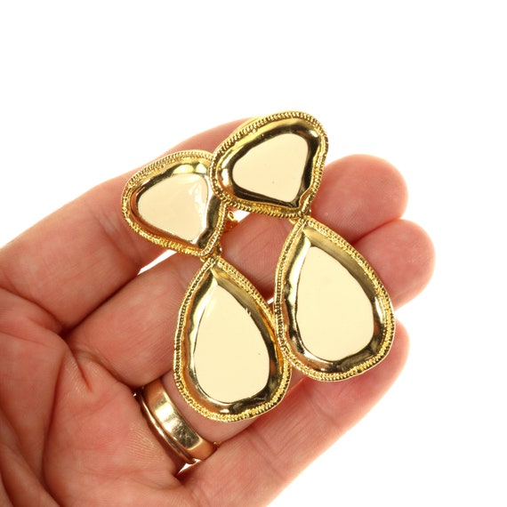 Beige Enamel Earrings Clip Style Molten Gold Tone… - image 6