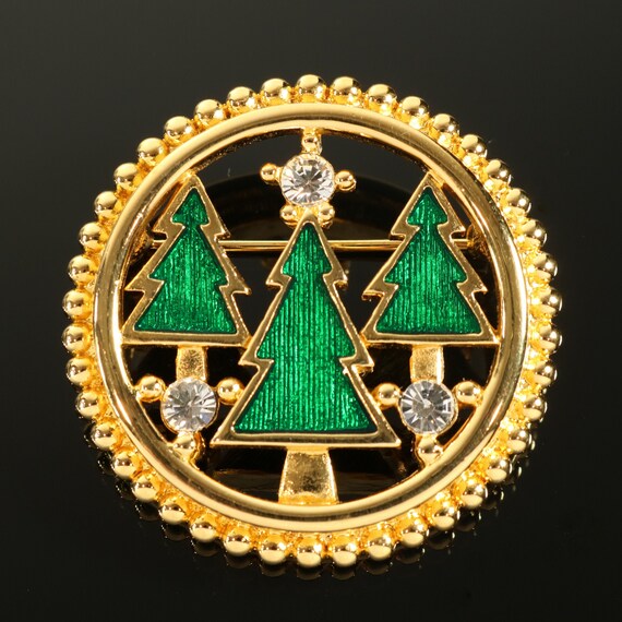 Monet Christmas Brooch Mod Three Tree Green Ename… - image 2