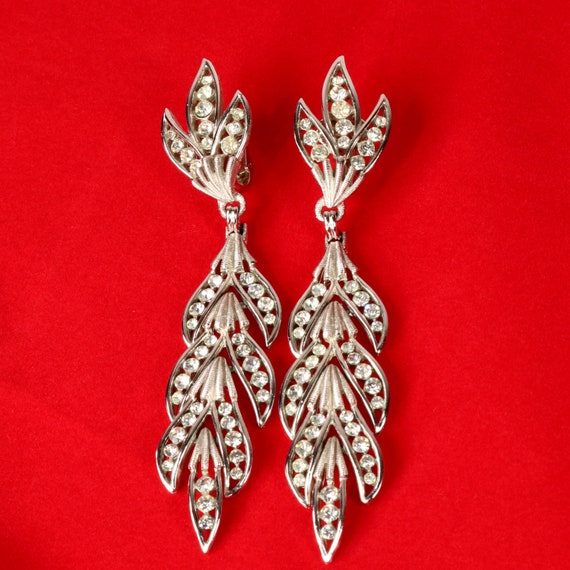 Crown Trifari Earrings Long Leaf Drop Rhinestone … - image 4