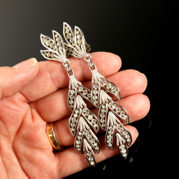 Crown Trifari Earrings Long Leaf Drop Rhinestone … - image 10