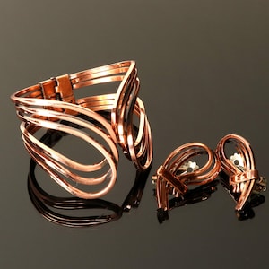 1950s Renoir Rhythm Copper Set Hinged Clamper Bracelet Clip-On Earrings MCM Modernist Design