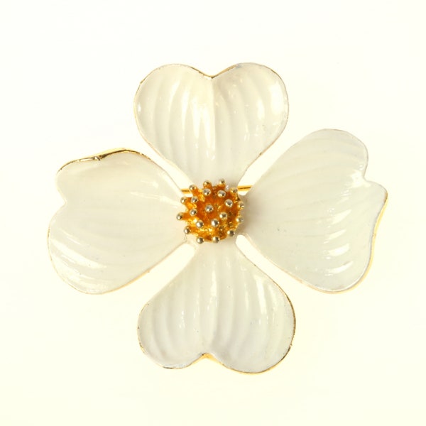 Crown Trifari Brooch Dogwood Flower Blossom Pin White Enamel Gold Tone