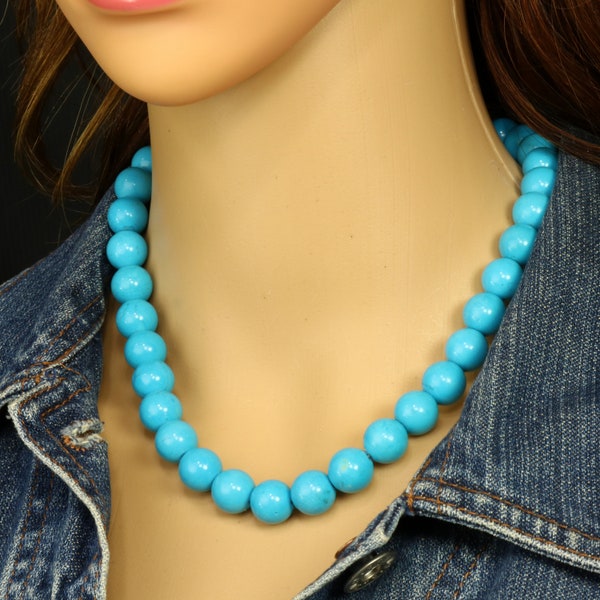 Lee Sands Bead Necklace 16-Inch Magnesite Dyed Turquoise Blue Round Beads 12 mm