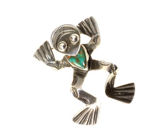 Broche Navajo de Rana, Pin Nativo Americano, Plata de Ley sin Marcar, Piedra Preciosa Turquesa de Nevada