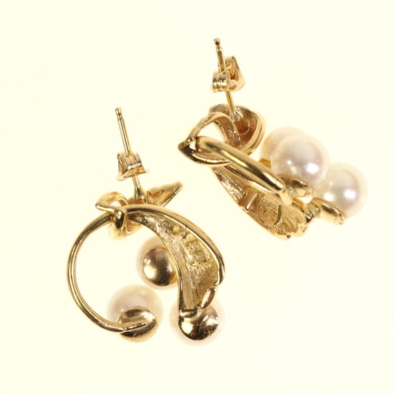 14K Pearl Earrings Yellow Gold Three Pearl Drop D… - image 4