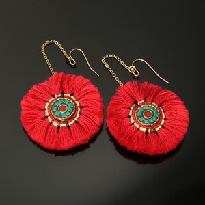 Red Dangle Earrings Shoulder Dusters Round Turquoise Blue and Red Stones Gold Tone Chains