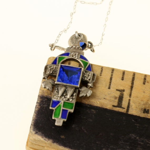 14K Art Deco Necklace Signed Semco Green and Blue Enamel Solid