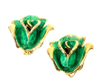 Rosebud Clip Earrings Gold Tone Green Mottled Enamel