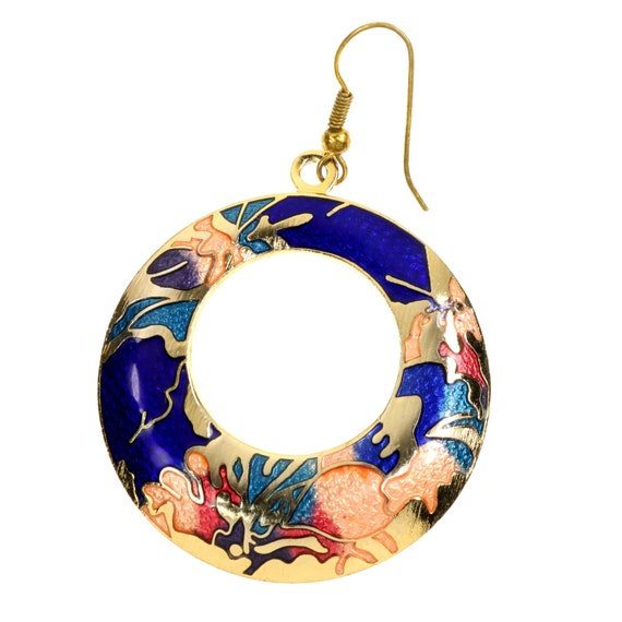 Cloisonné Dangle Hoops Enamel Earrings Pierced Ea… - image 4