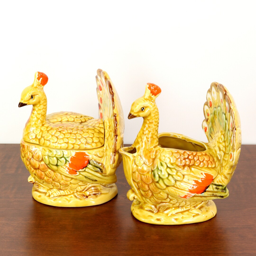 Peacock Bird Creamer and Sugar Set Enesco Japan Harvest Gold Etsy