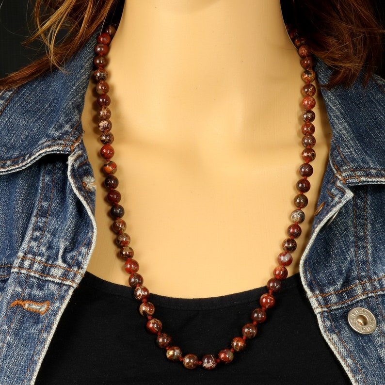 Brecciated Jasper Necklace 26-Inch Knotted Smooth Round 8 mm Natural Semi-Precious Gemstone Red Gray Rust Beads