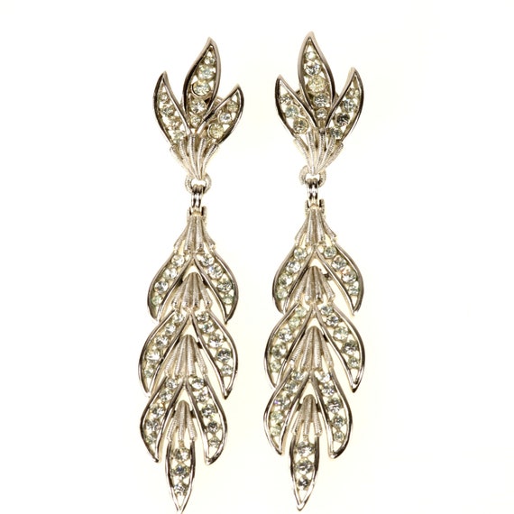 Crown Trifari Earrings Long Leaf Drop Rhinestone … - image 2