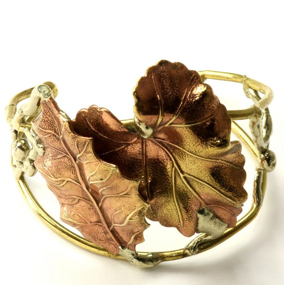 Wide Cuff Bracelet Lily Pad Leaves Hand Forged Tr… - image 2