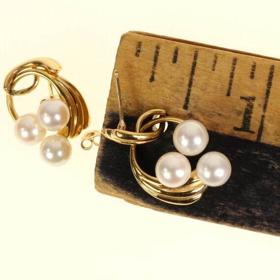 14K Pearl Earrings Yellow Gold Three Pearl Drop D… - image 7