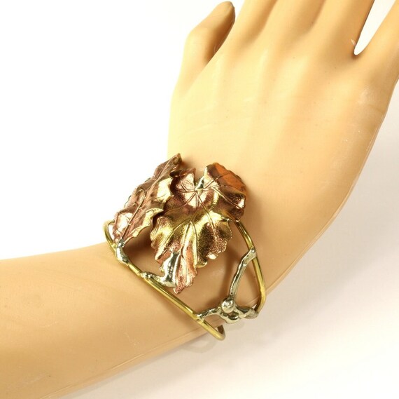 Wide Cuff Bracelet Lily Pad Leaves Hand Forged Tr… - image 3