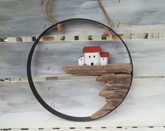 Wandbild Haeuser und Voegel, runder Rahmen, 24 cm Durchmesser