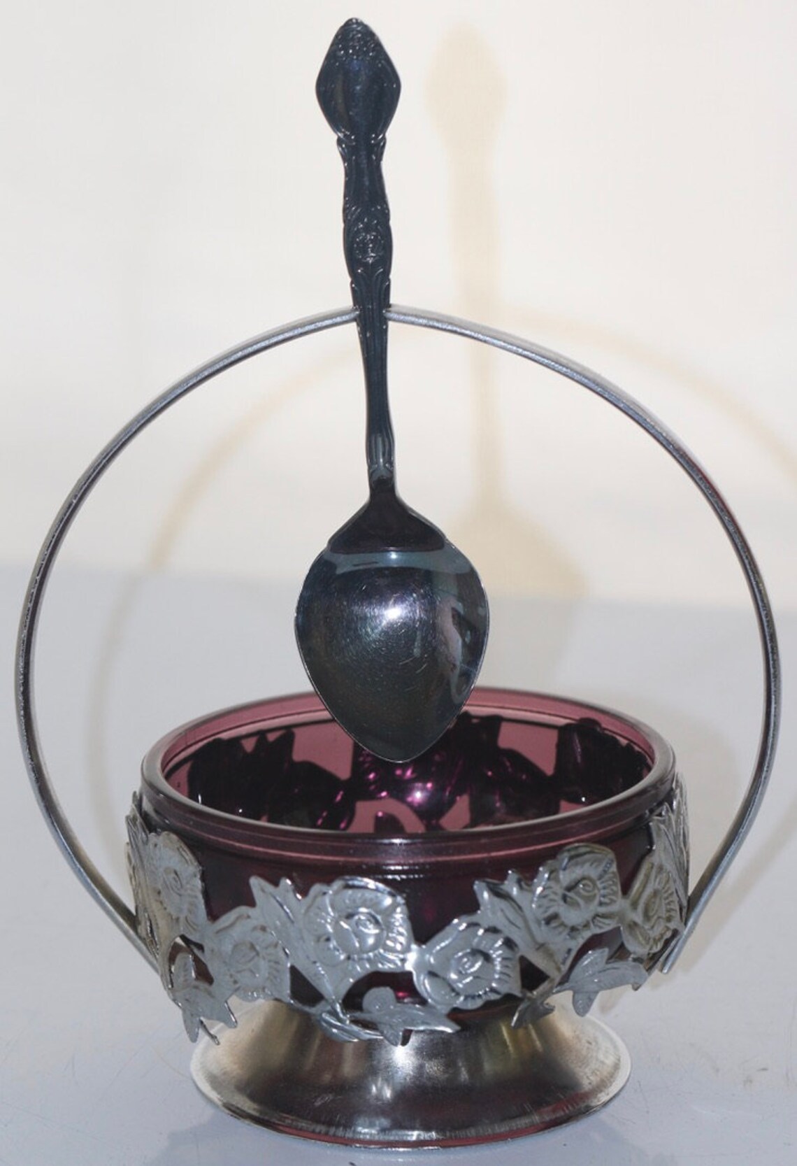 Vintage Metal and Glass Sugar Bowl with Spoon Rest and Spoon Etsy