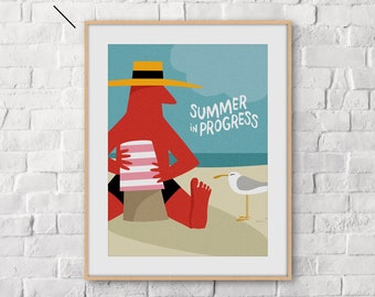 May include: A red cartoon character wearing a yellow hat sits on a beach with a pink and white striped bucket. The character has a red body and red feet. A white seagull with a black beak and black eyes stands on the sand. The text "SUMMER in PROGRESS" is written in black letters on a blue background.