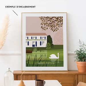 Affiche illustration Maison Bleue, Coulon, Marais Poitevin, Venise verte, barques, cygne blanc sur la sèvre Niortaise, embarcadères