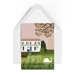 Carte Postale d'une maison Maraîchine aux volet bleus typique du Marais Poitevin, au bord de la Sèvre Niortaise à Coulon, format A6.